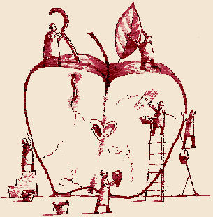 graphic showing workers fixing up an apple